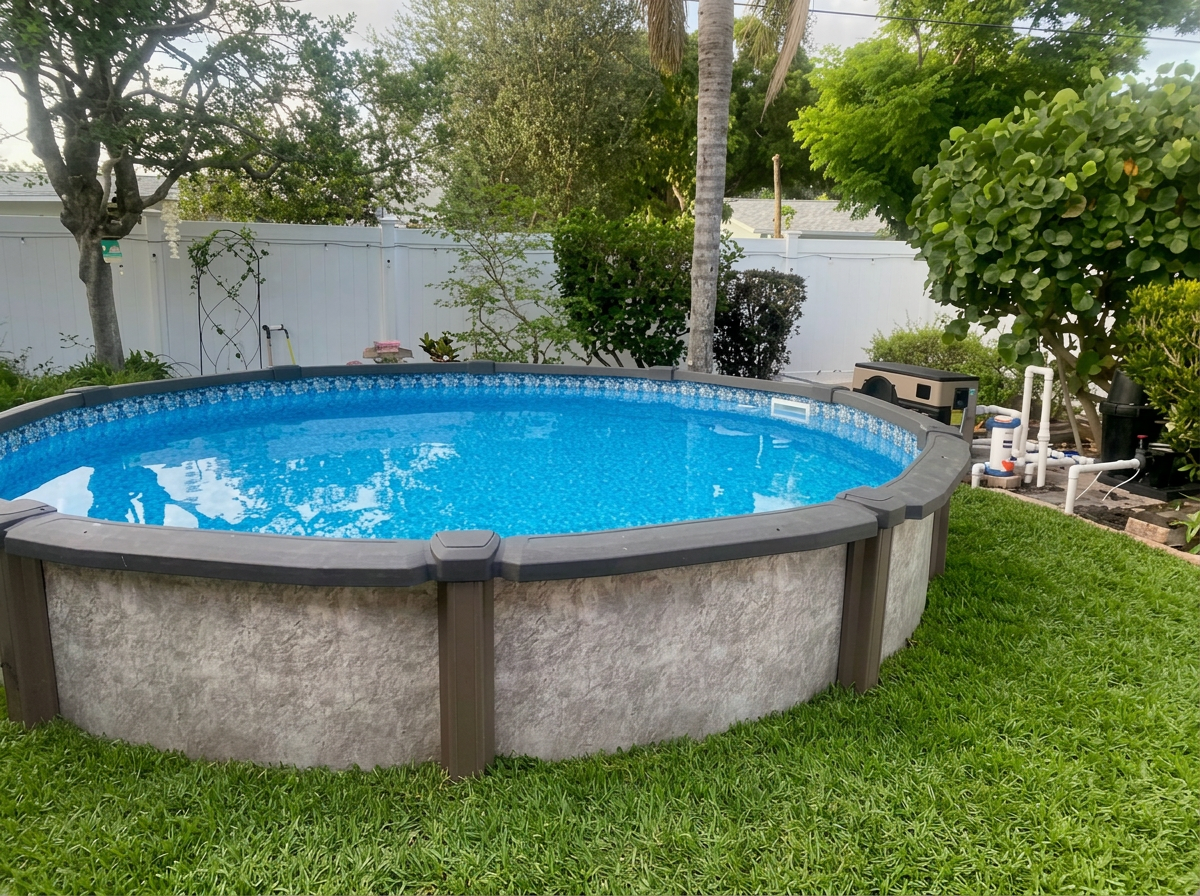 15' round above-ground pool surrounded by fresh green grass in Largo