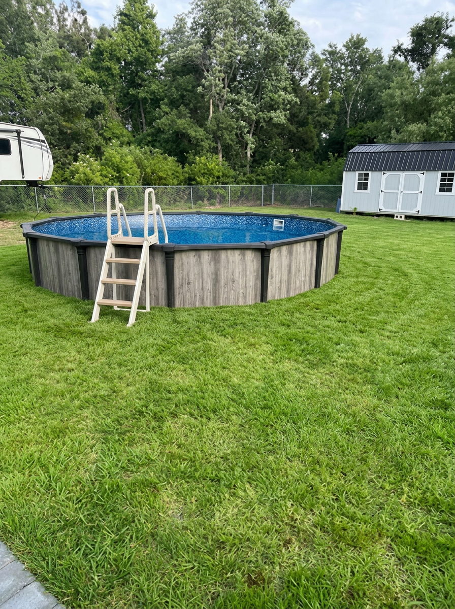 21' round above-ground pool with wood-look panels installed flush in Wesley Chapel backyard