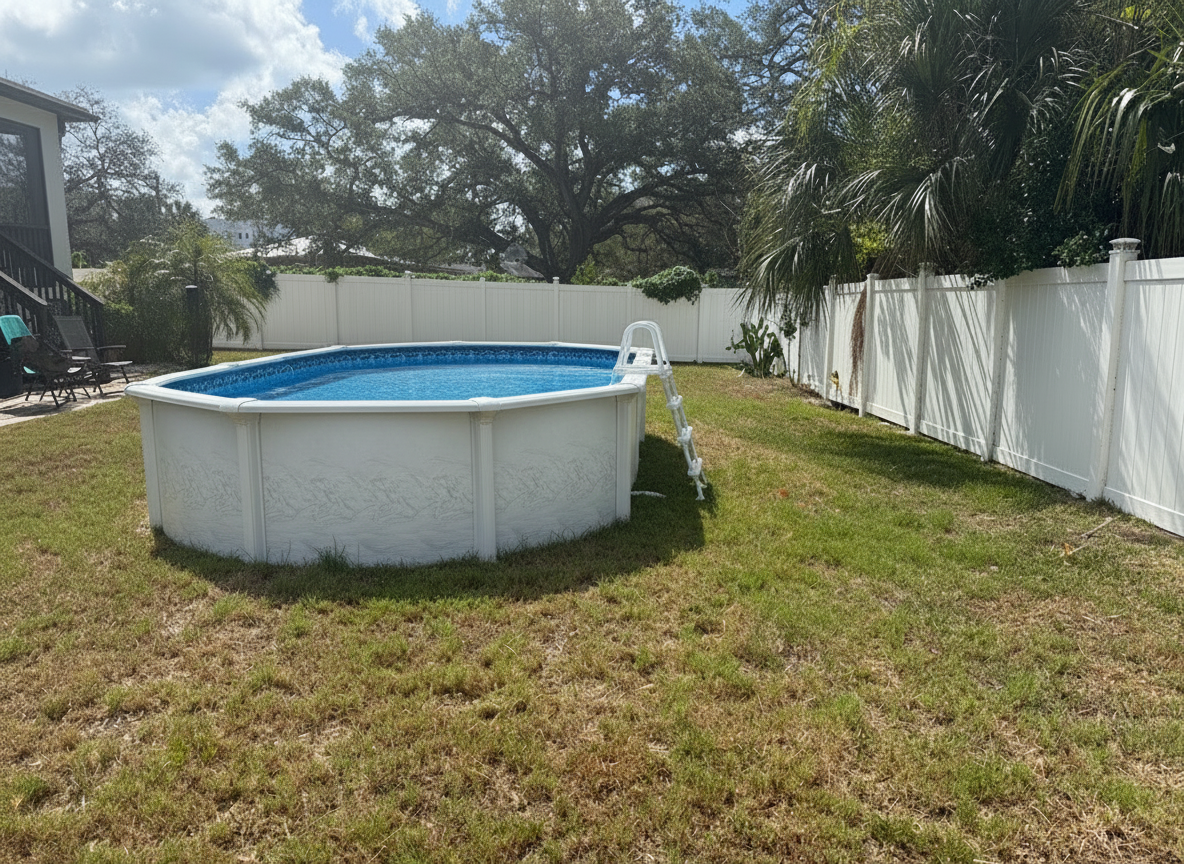 Tampa backyard after AI pool mockup — round above-ground pool installed